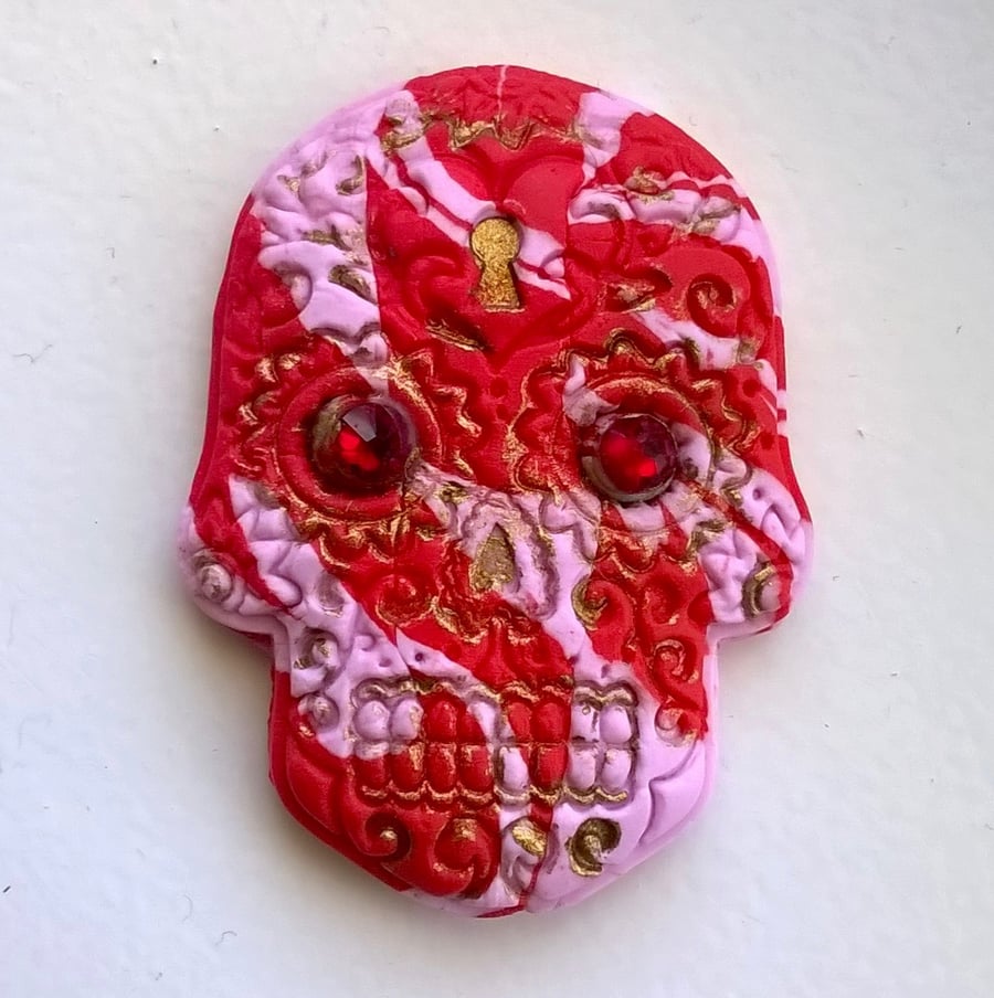 Red and pink sugar skull fridge magnet with Swarovski crystals