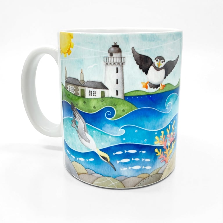 Puffin & Gannet Mug - Seaside Watercolours - Nautical Coastal Kitchen Decor