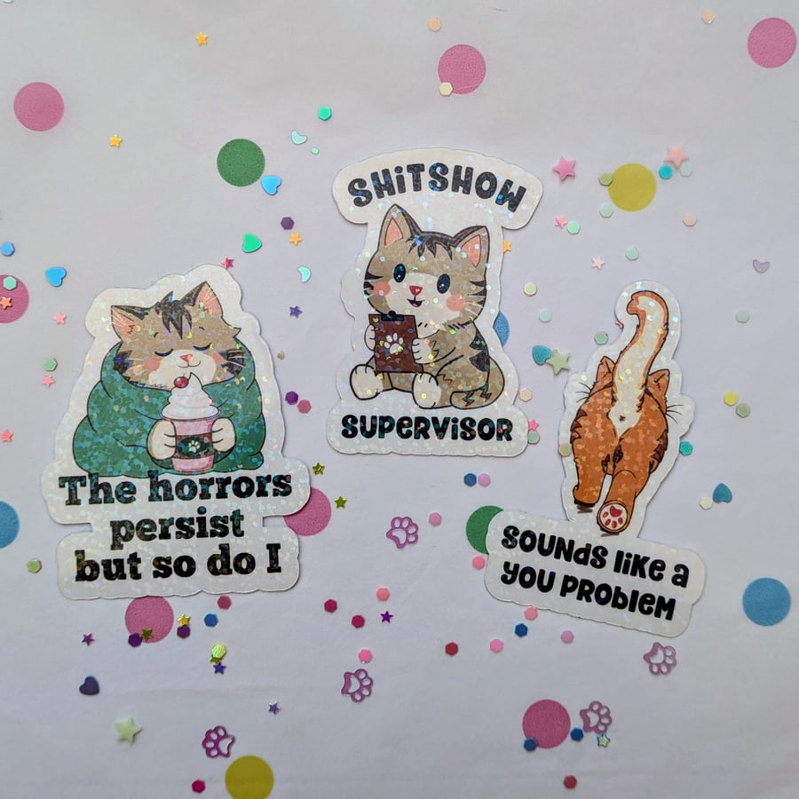 Funny Cat Holographic Sticker Pack, Sarcastic Adulting Stickers die cut.