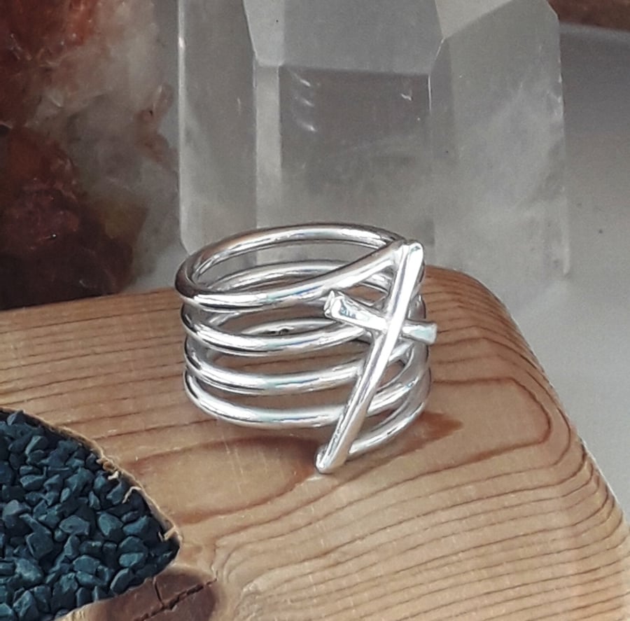 Wide Cross Ring sterling silver Hallmared size S Spiritual Ring 