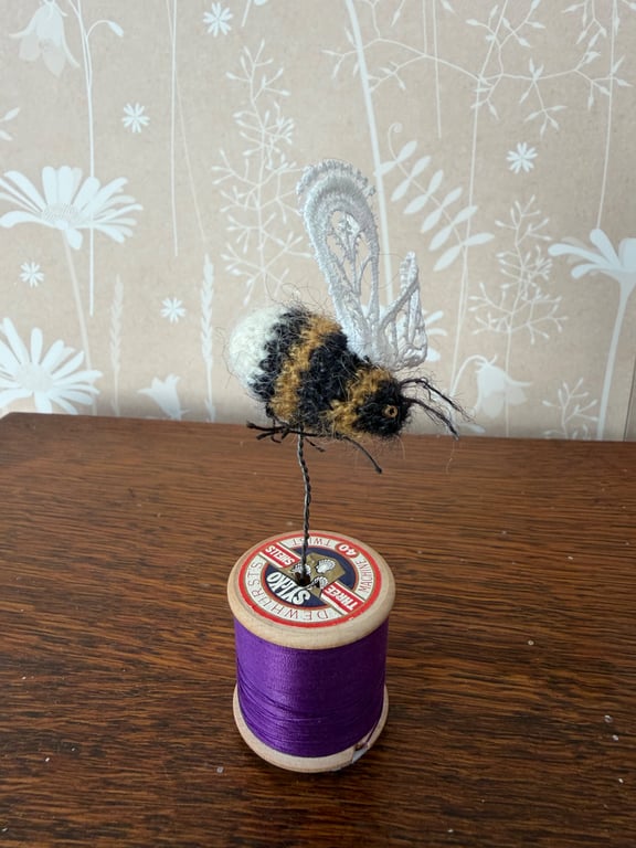 Mini Bobbinbee - Crochet Bee on a vintage wooden bobbin