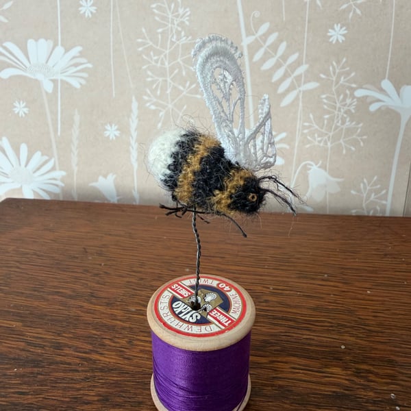 Mini Bobbinbee - Crochet Bee on a vintage wooden bobbin