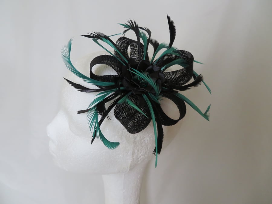 Bottle Green and Black Sinamay Loop Feather Clip Fascinator Headpiece