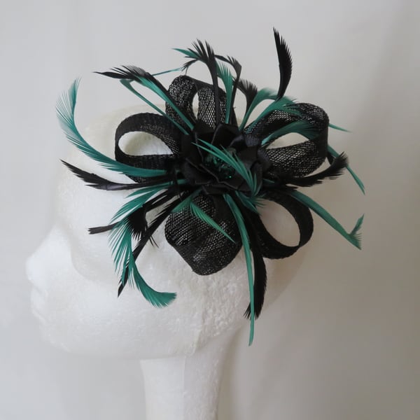 Bottle Green and Black Sinamay Loop Feather Clip Fascinator Headpiece