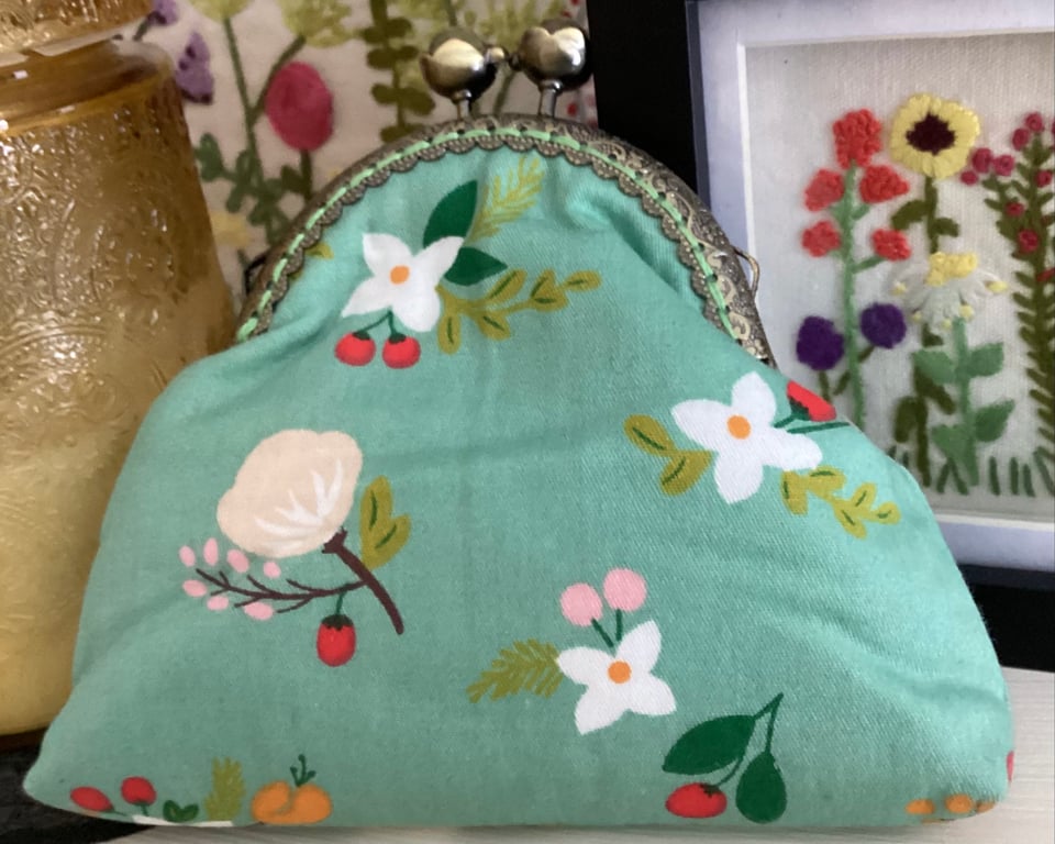 Duck egg Blue coin purse with green crystal antique bronze clasp