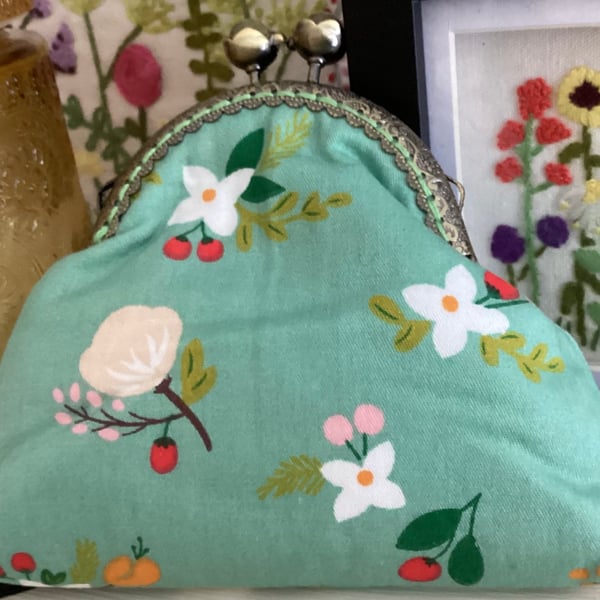 Duck egg Blue coin purse with green crystal antique bronze clasp