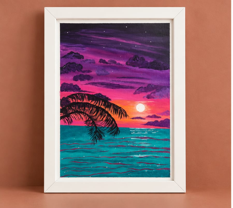Image of Tropical Sunset Original Painting – Colourful Seascape with Palm Trees