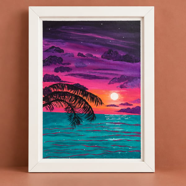 Tropical Sunset Original Painting – Colourful Seascape with Palm Trees