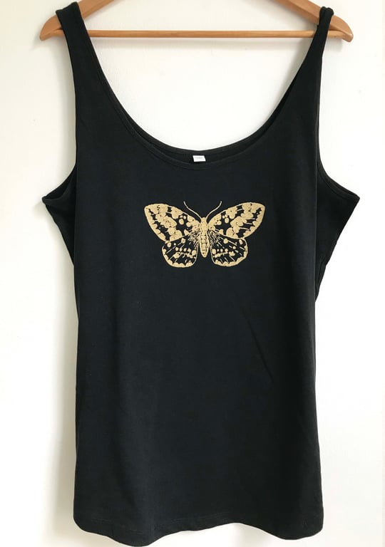 Moth Women's organic cotton vest loose fit black with gold print size 2XL