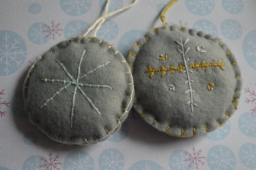 green blue snowflake -Pair of felt Tree decorations