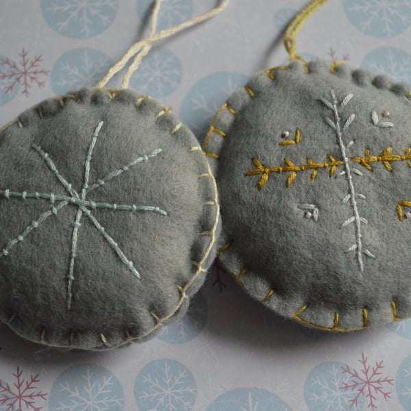 green blue snowflake -Pair of felt Tree decorations