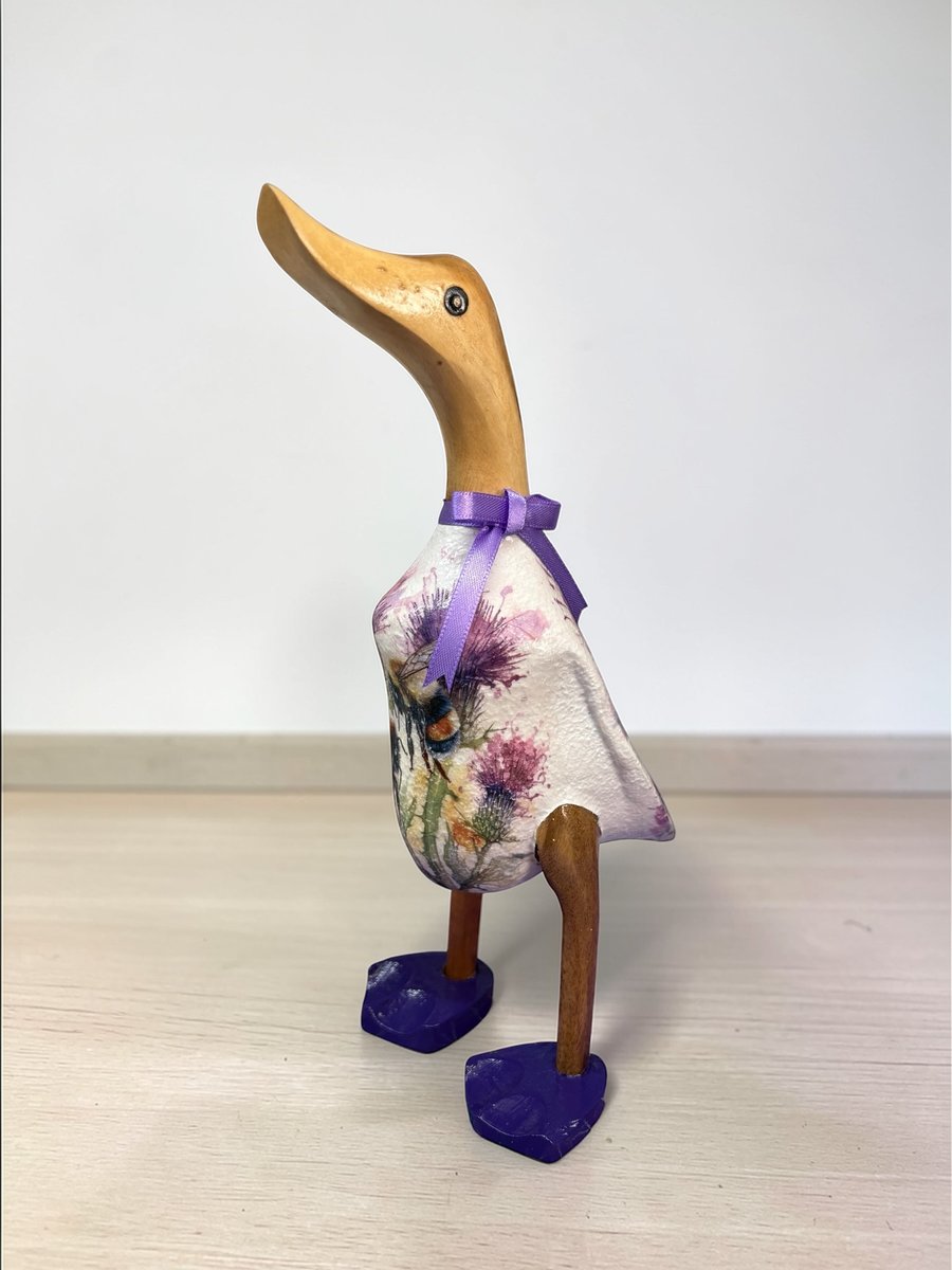 Bamboo duck, wooden duck, purple thistle design