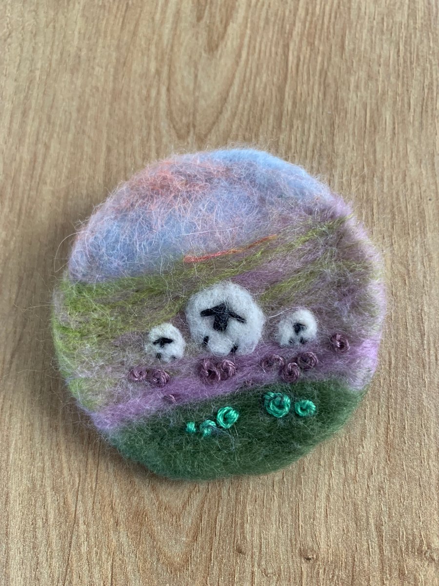 Sheep on the hills needle felted brooch