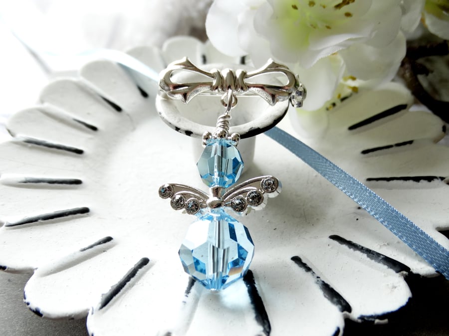 Something Blue Crystal Angel Silver Plated Bow Brooch with Swarovski Elements 