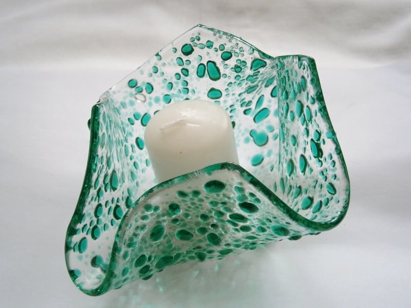 Speckled fused glass tea light holder