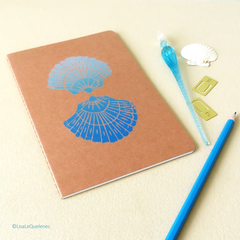 Blue scallop shell hand printed lino A5 notebook with brown kraft cover