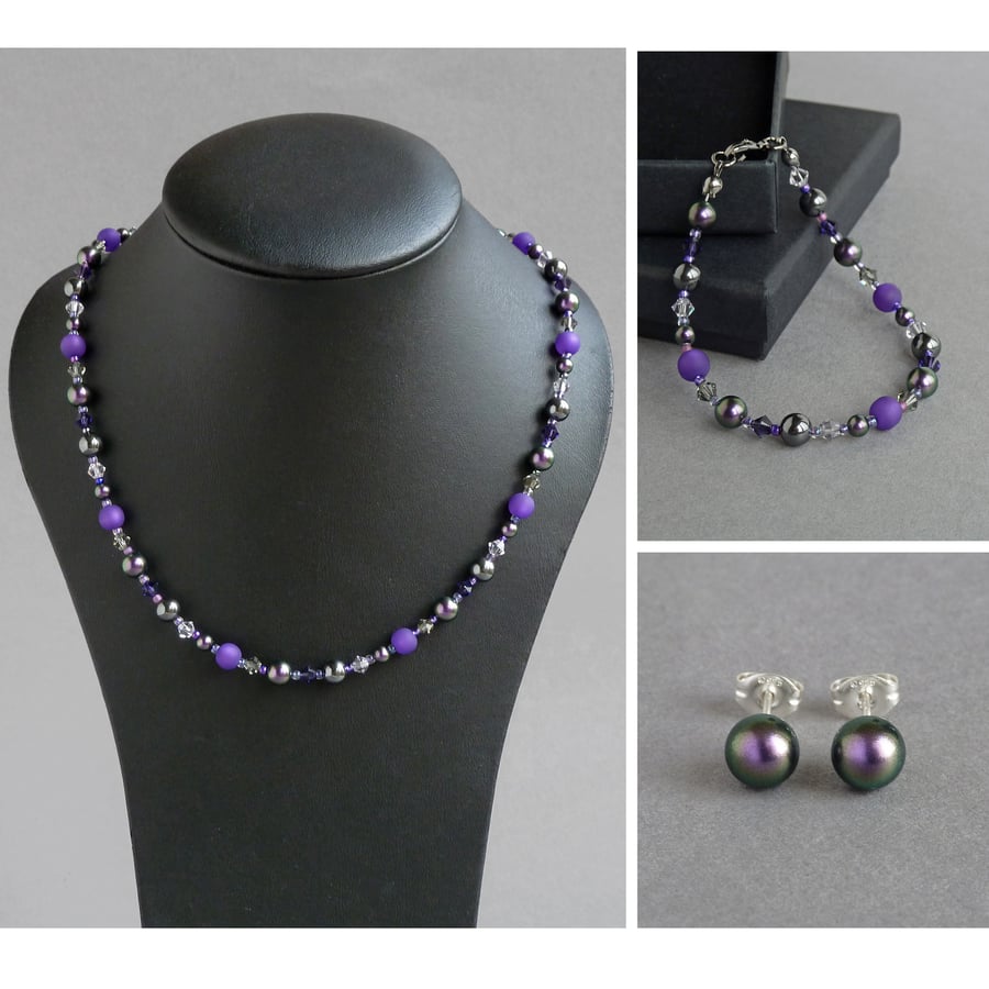 Royal Purple Beaded Jewellery Sets - Dark Amethyst Necklace, Bracelet & Earrings