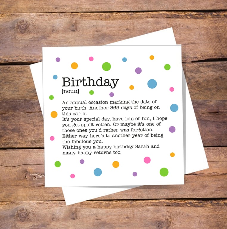 Birthday Definition Card - personalised, free delivery, blank inside
