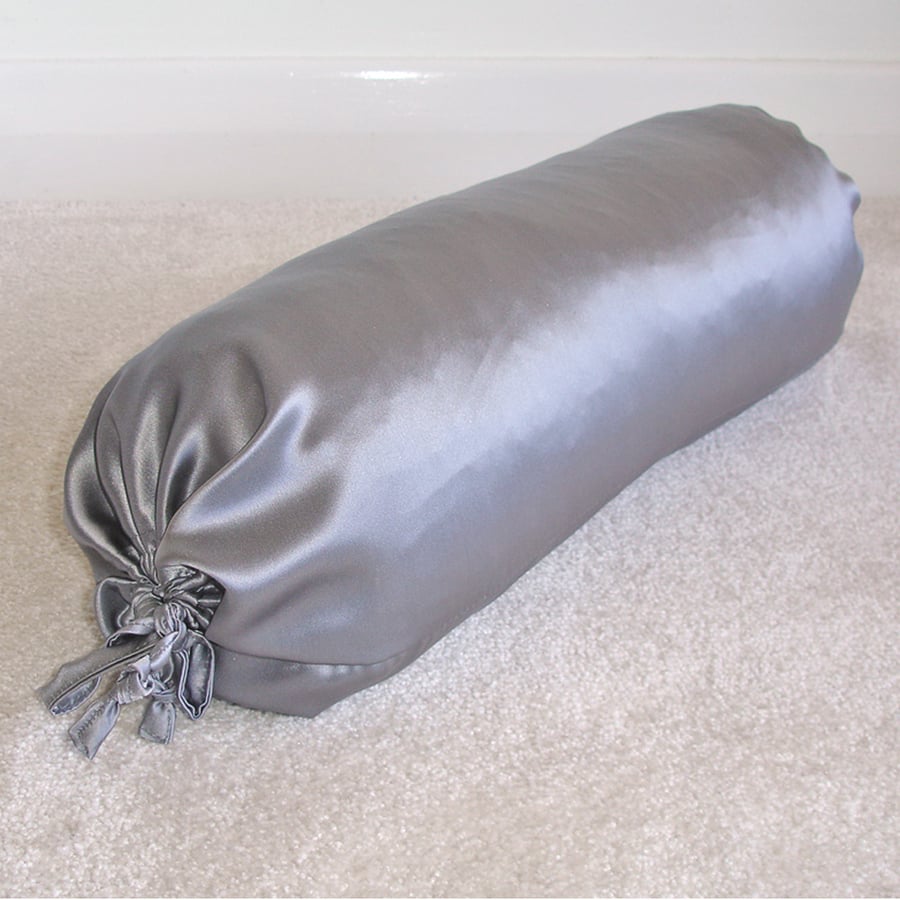 Grey Satin Bolster Cushion Cover 16" x 6" With Ties Cylinder Neck Pillow Case