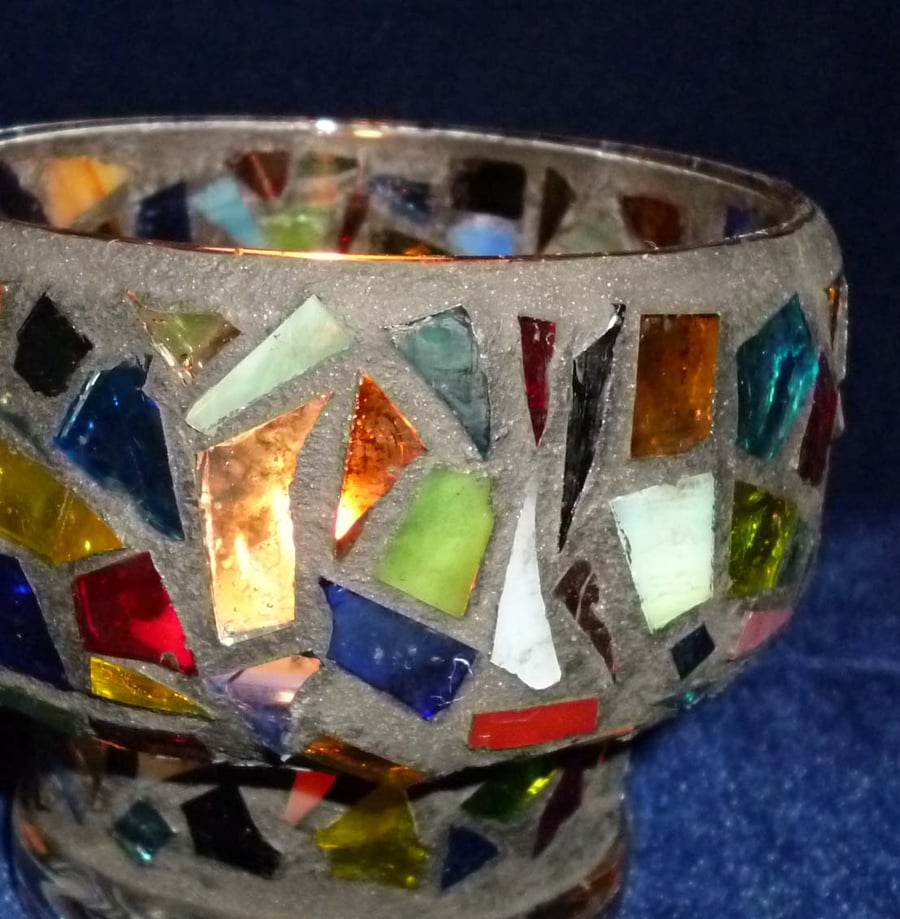 Hand made mosaic glass shaped candle vase - mixed colours & black 