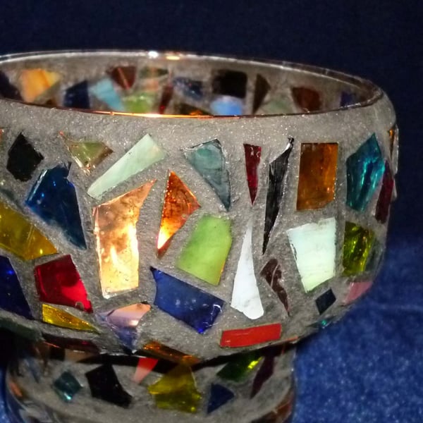 Hand made mosaic glass shaped candle vase - mixed colours & black 