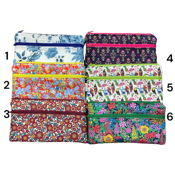 Liberty fabric two zip pocket pouch, double pocket case, 2 pocket zipper floral 