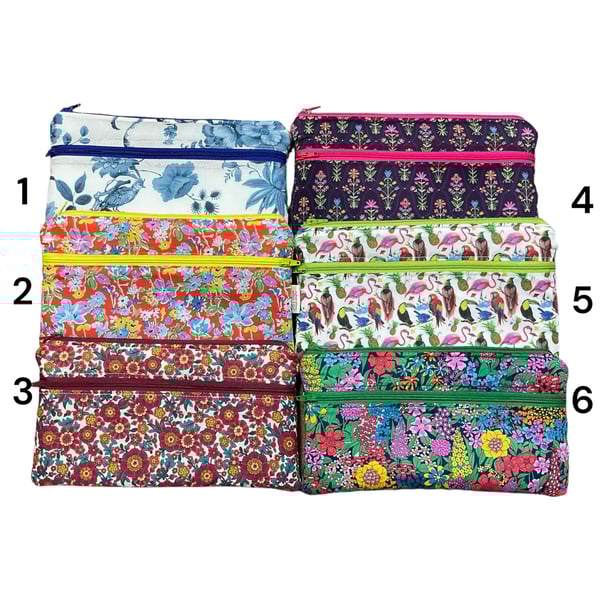 Liberty fabric two zip pocket pouch, double pocket case, 2 pocket zipper floral 