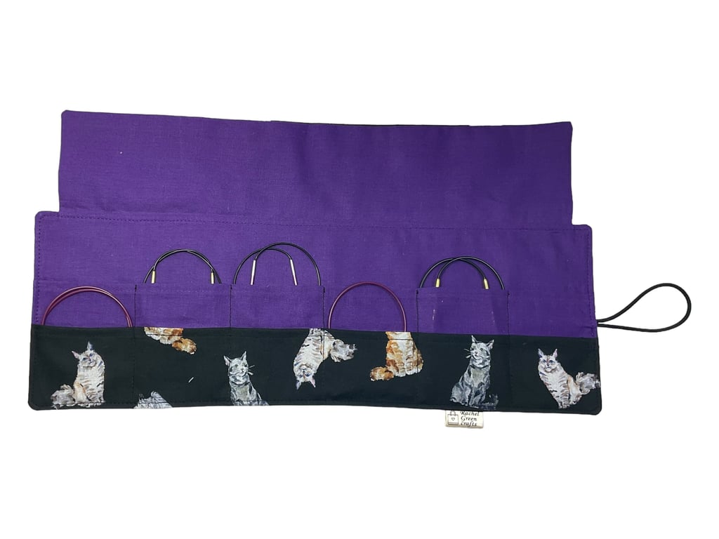 Circular needle case for short needles in cat print, needle wallet, fixed 16”