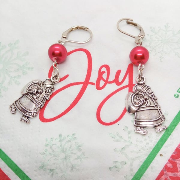 Silver Santa Charm with a Red Glass Pearl Bead  Earrings, Secret Santa