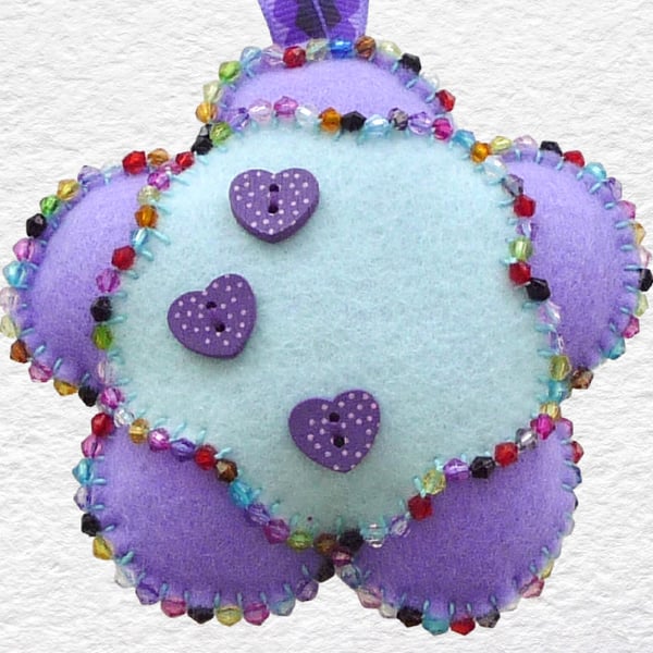 Beaded Felt Flower Ornament 4” (10cm) Purple with Heart Buttons