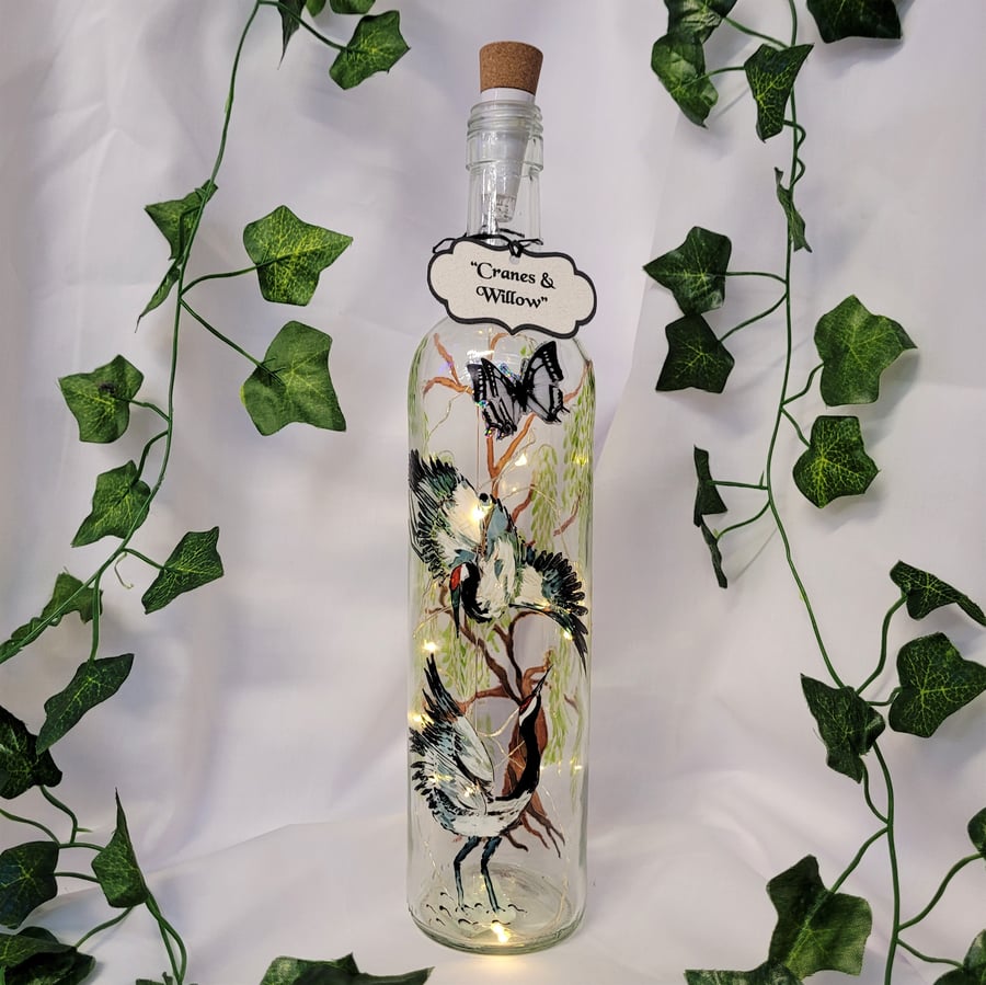 Cranes and Willow - Handpainted Bottle Light