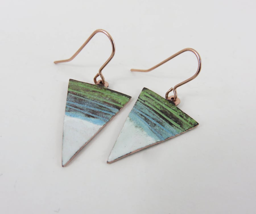 Dangle triangle textured copper earrings with blue, white and green enamel
