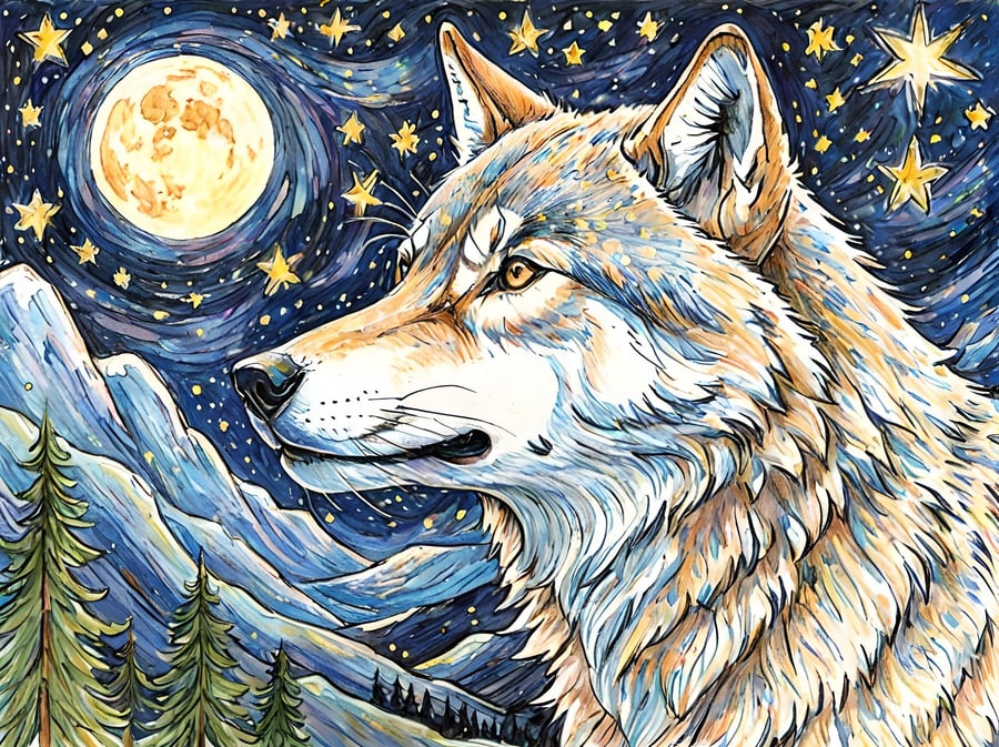 Starry Night Wolf A5 Greeting Card 