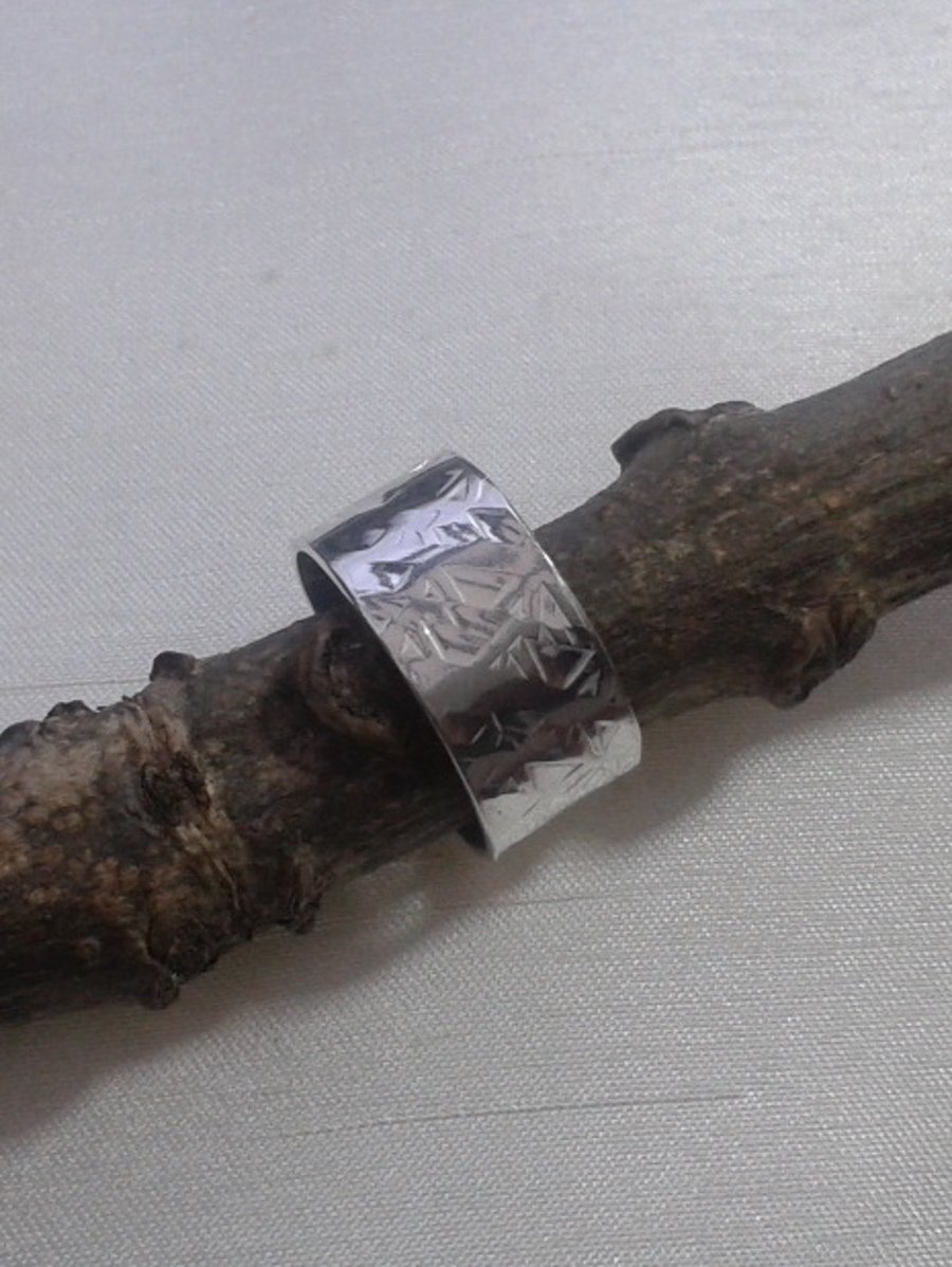 Wide hammer-textured Sterling Silver Ring, R81