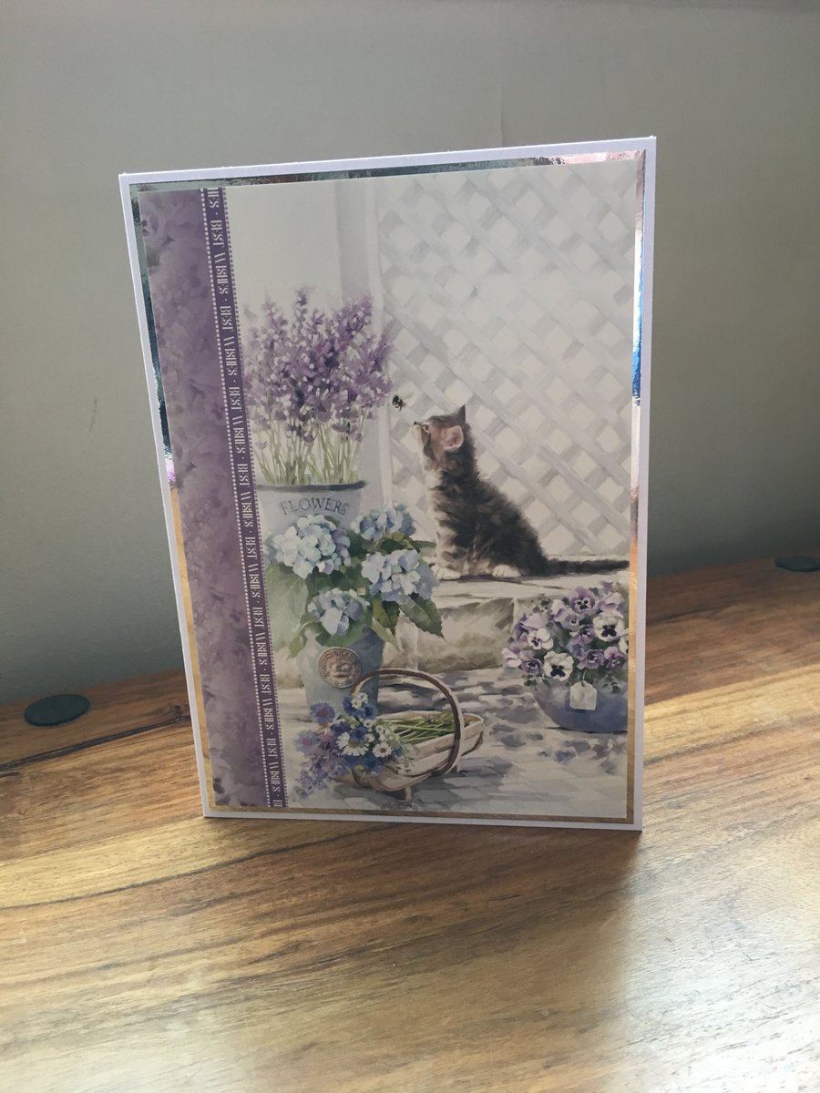 Handmade Get Well Card - Best Wishes - Tabby Kitten in garden with Flowers