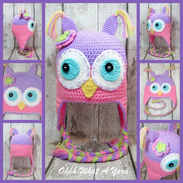 Crochet pastel coloured childs owl hat with ear flaps size 3-6 years
