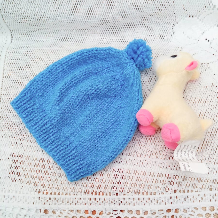 Blue Pom Pom Hat for a Child, Child's Winter Hat, Child's Knitted Hat