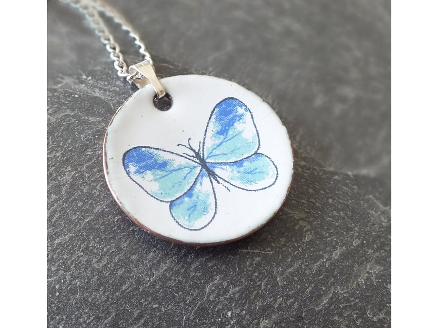 Small blue butterfly enamel pendant