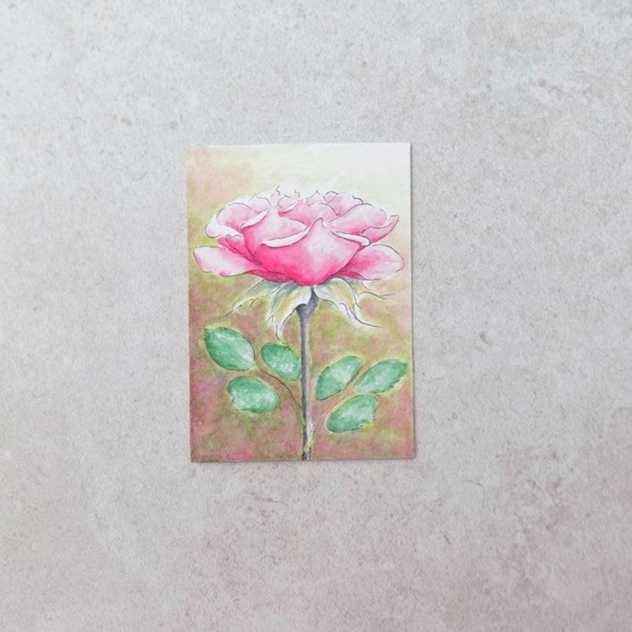 Original Art Watercolour Painting Floral ACEO 'Pink Rose'