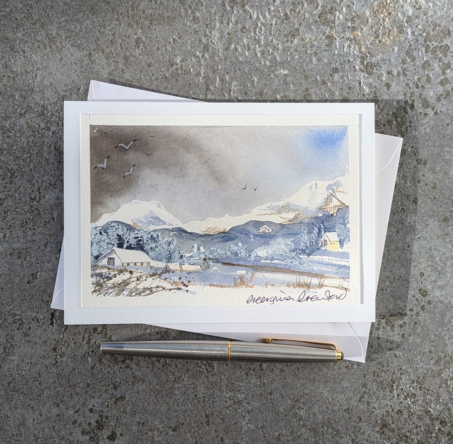 Snowy Mountains. Blank Card. Handpainted Original 260209