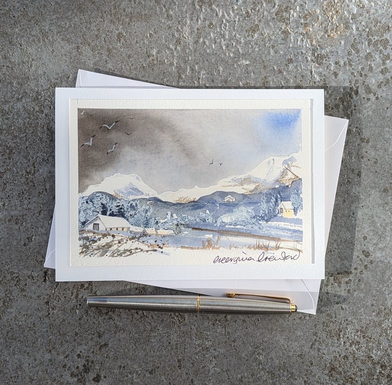 Snowy Mountains. Blank Card. Handpainted Original 260209