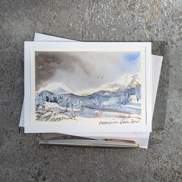 Snowy Mountains. Blank Card. Handpainted Original 260209