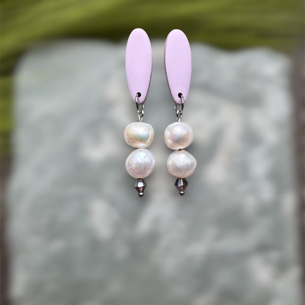 Soft Dusty Pink Polymer clay and baroque-style pearl Drop Earrings