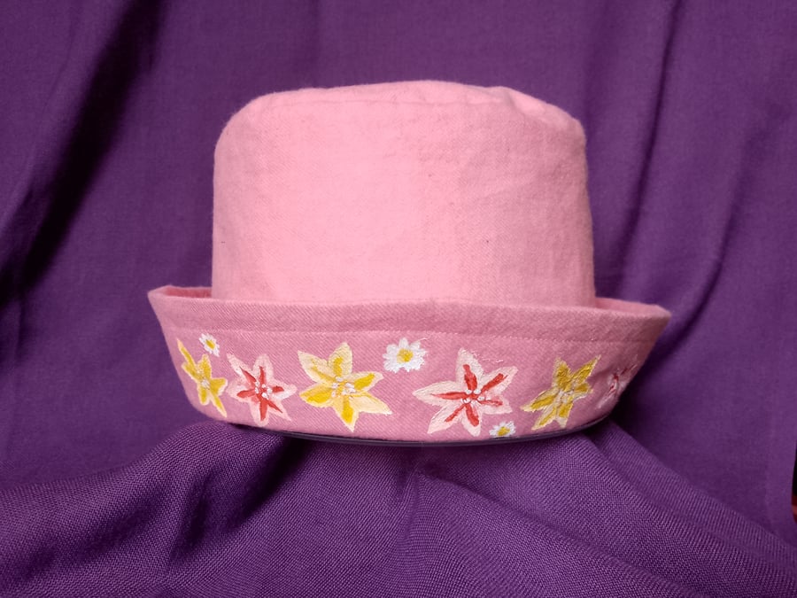 Soft but sturdy kid's hat, pink with painted on flowers. Perfectly Imperfect 