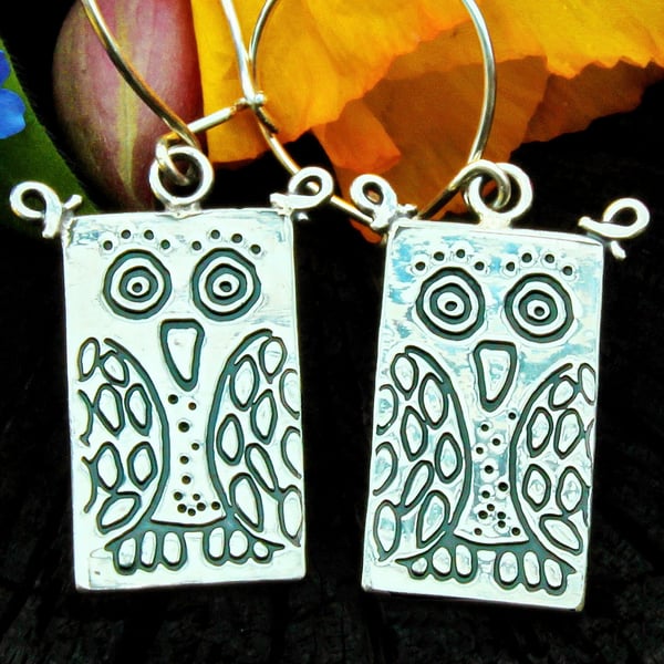 Owl earrings, silver owl earrings, drop earrings, bird earrings