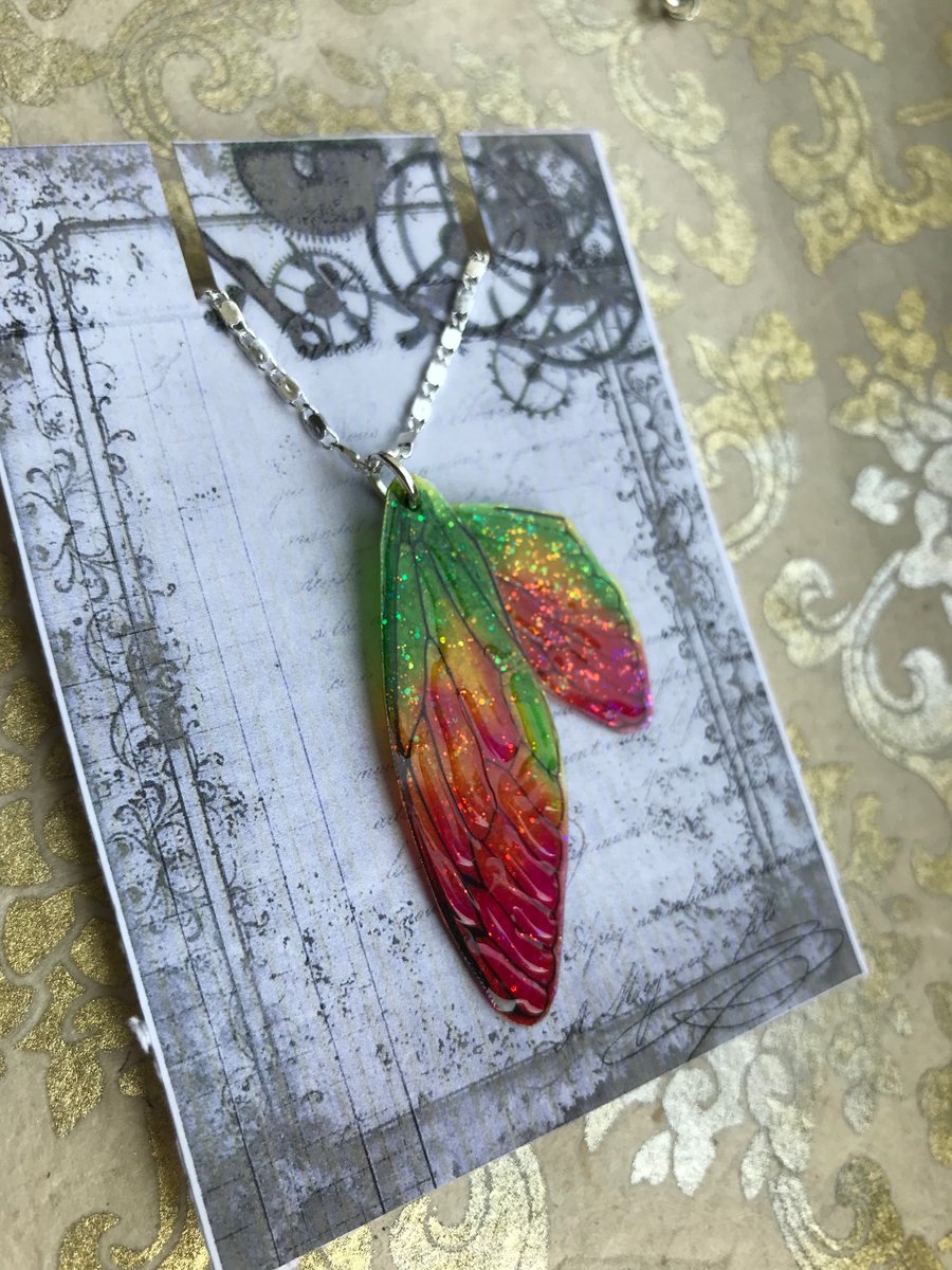 Pink and Green Glittery Fairy Wing Sterling Silver Necklace