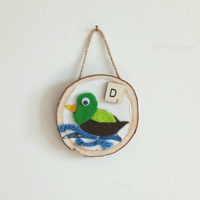 Wooden fun alphabet art with first letter scrabble tile - D duck