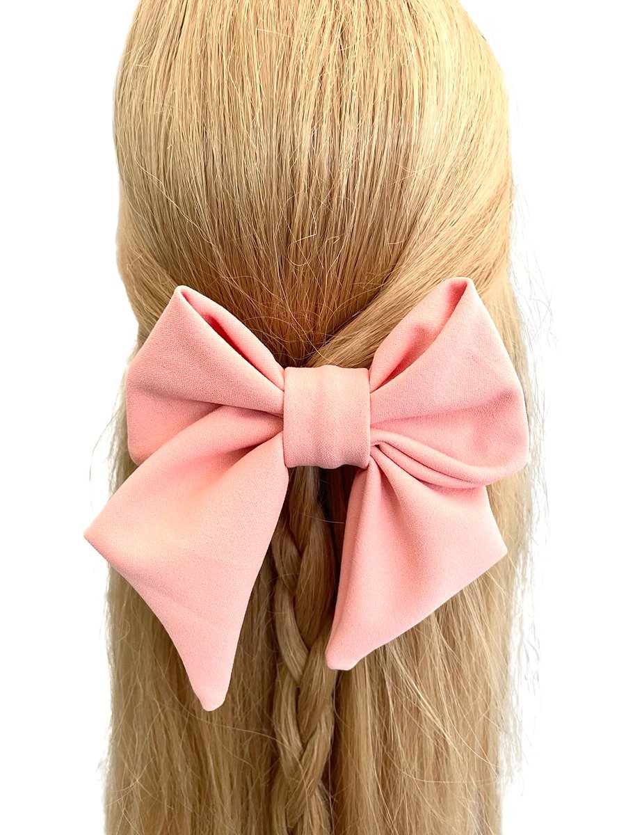 Oversized salmon pink fabric hair bow barrette clip for women