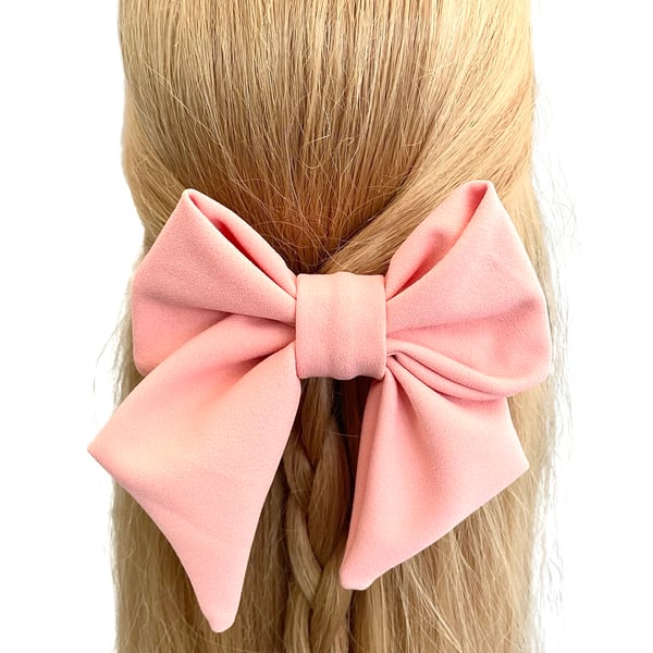 Oversized salmon pink fabric hair bow barrette clip for women