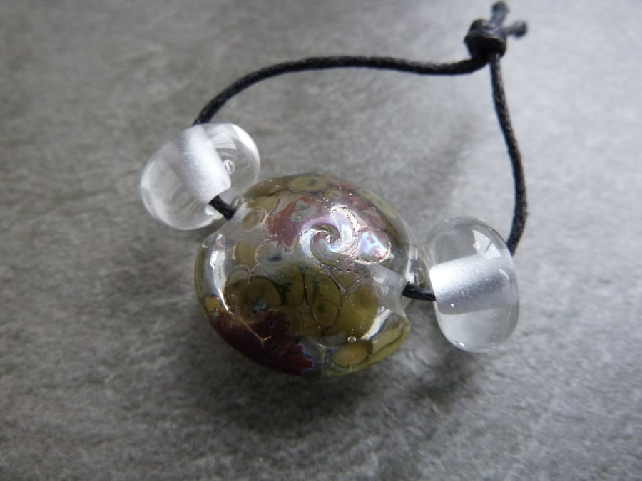 handmade lampwork glass bead, silver swirl